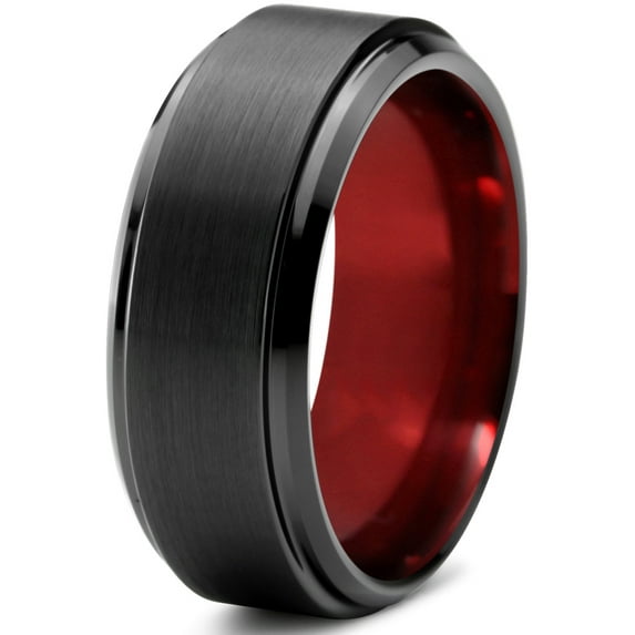 P. Manoukian Tungsten Wedding Band Ring 8mm for Men Women Red Black Beveled Edge Brushed Polished Lifetime Guarantee Size 12