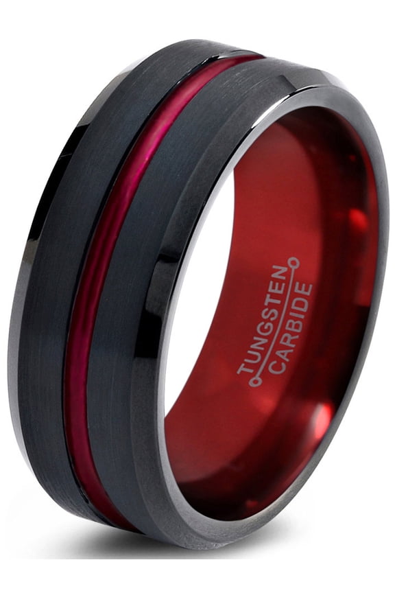 P. Manoukian Tungsten Wedding Band Ring 8mm for Men Women Red Black Beveled Edge Brushed Polished Lifetime Guarantee Size 7