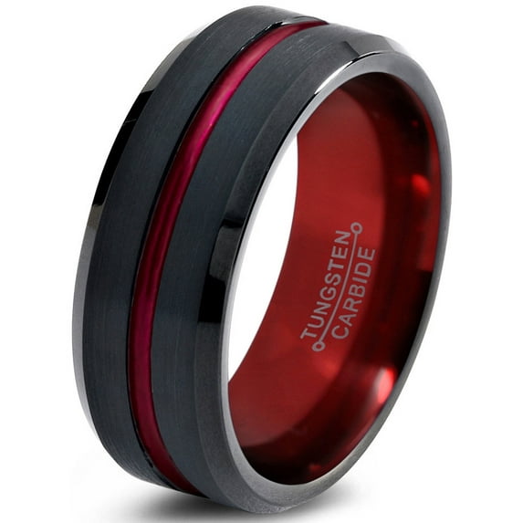 P. Manoukian Tungsten Wedding Band Ring 8mm for Men Women Red Black Beveled Edge Brushed Polished Lifetime Guarantee Size 8