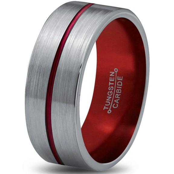 P. Manoukian Tungsten Wedding Band Ring 8mm for Men Women Red Grey Flat Center Line Flat Cut Brushed Polished Lifetime Guarantee Size 9