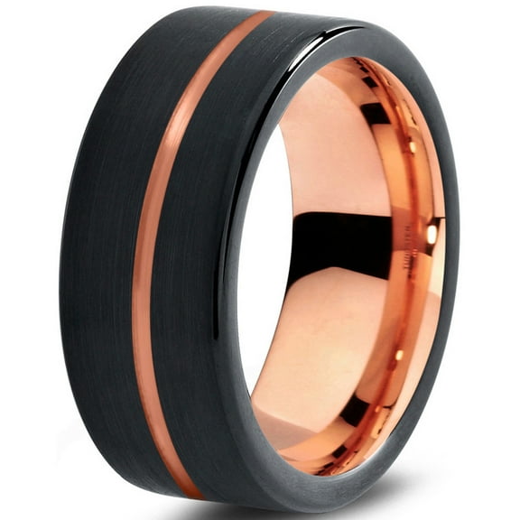 P. Manoukian Tungsten Wedding Band Ring 9mm for Men Women Black & 18K Rose Gold Plated Center Line Pipe Cut Brushed Polished Lifetime Guarantee Size 4
