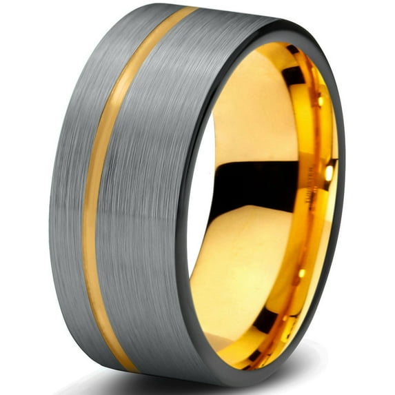 P. Manoukian Tungsten Wedding Band Ring 9mm for Men Women Black & 18K Yellow Gold Plated Pipe Cut Brushed Polished Lifetime Guarantee Size 12