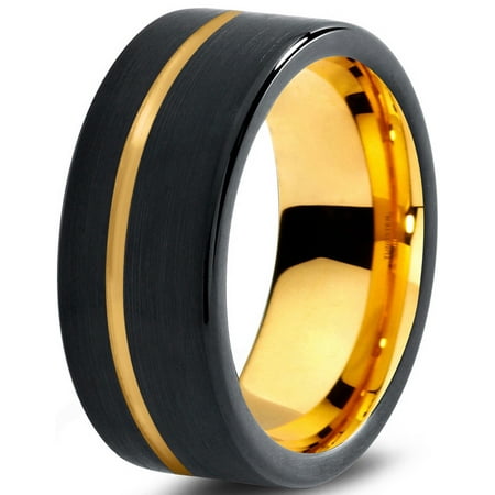 P. Manoukian Tungsten Wedding Band Ring 9mm for Men Women Black & 18K Yellow Gold Plated Pipe Cut Brushed Polished Lifetime Guarantee Size 4