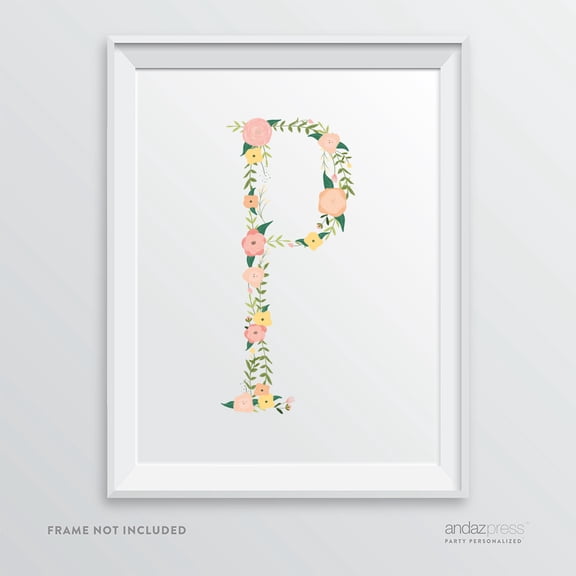 P Monogram Wall Art Letters, Coral Floral Roses
