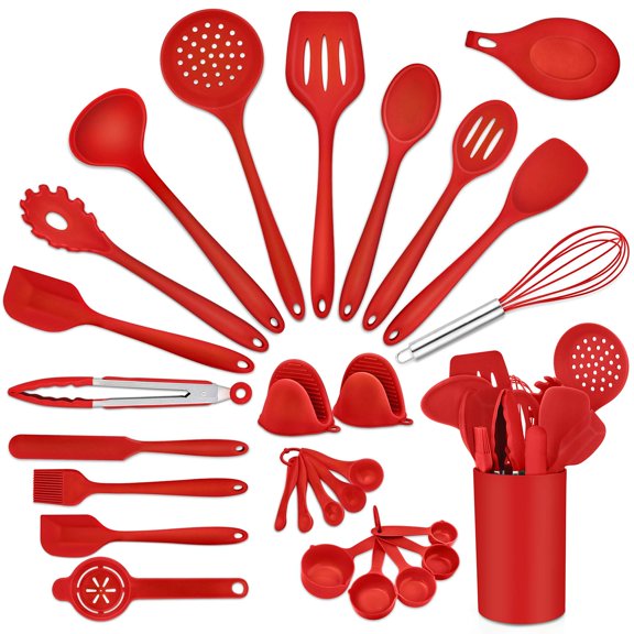 P&P CHEF Kitchen Utensils Silicone Cooking Utensil Set, 28Pcs Baking Utensils Spatulas with Holder, Heat-resistant & Non Toxic, Non-stick & Dishwasher Safe, Red Y101