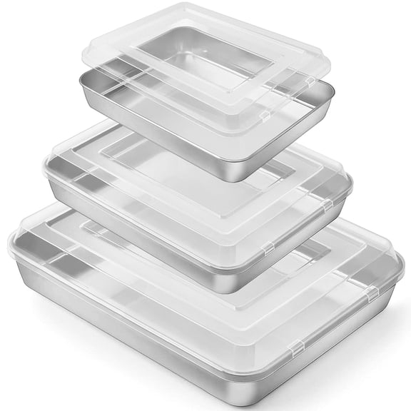 P&P CHEF Stainless Steel Baking Pan with Lid, Rectangular Cake Pans, Sheet Pan Bakeware for Baking Lasagna Brownies, 2-Inch Deep Side & Heavy Duty, Easy to Store & Clean (9.4" + 10.5" + 12.3", 6Pcs)