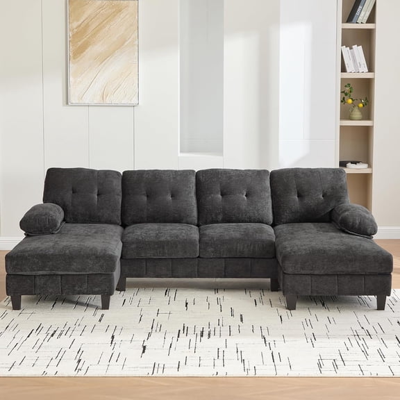 P PURLOVE Chenille Modern Large Sectional Sofa, U-Shaped Sectional Sofa Couch with Dual Chaise Lounges, Storage Pockets and Armrest Pillows for Living Room