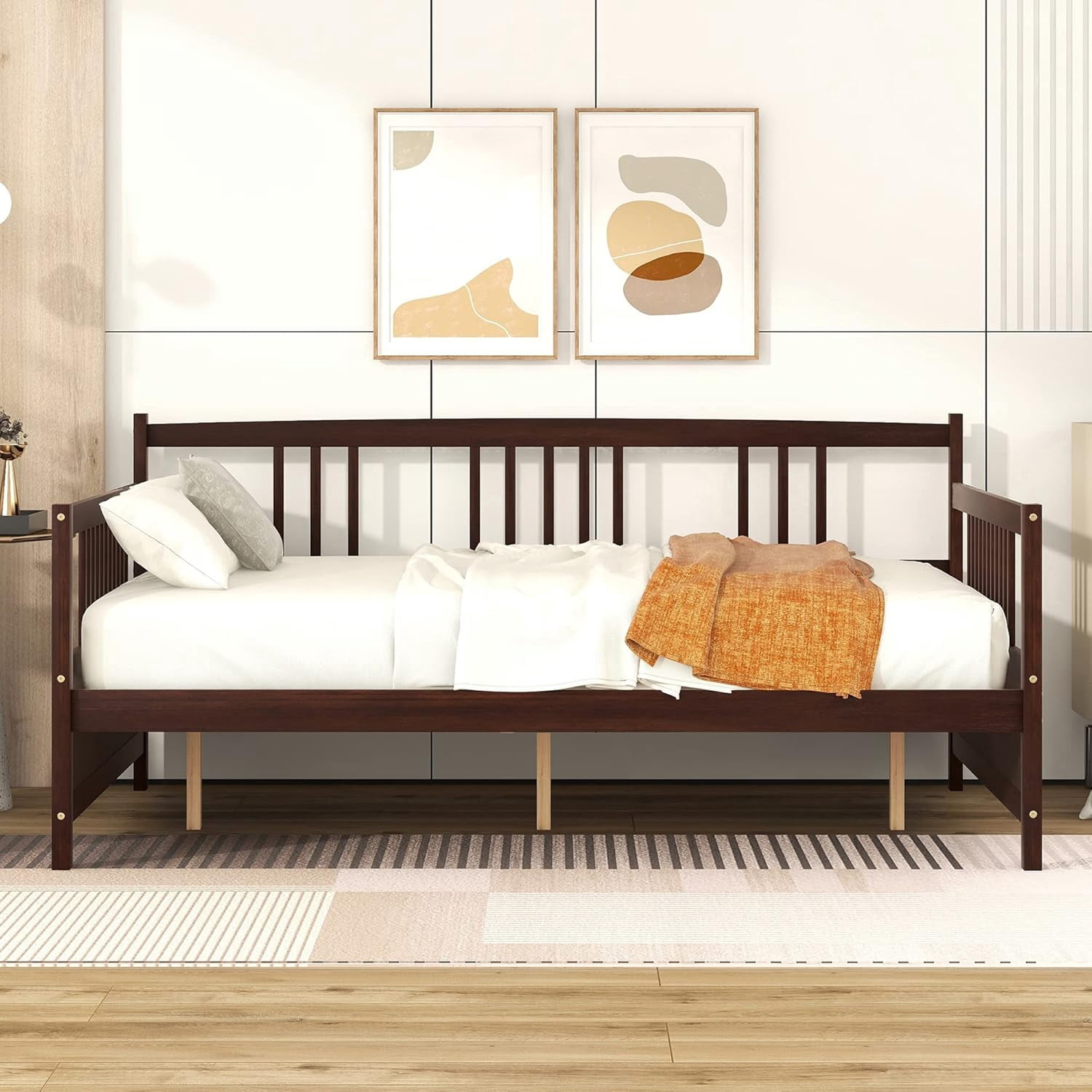 P PURLOVE Full Wood Daybed with Rails, Full Bed Wooden Slats Support