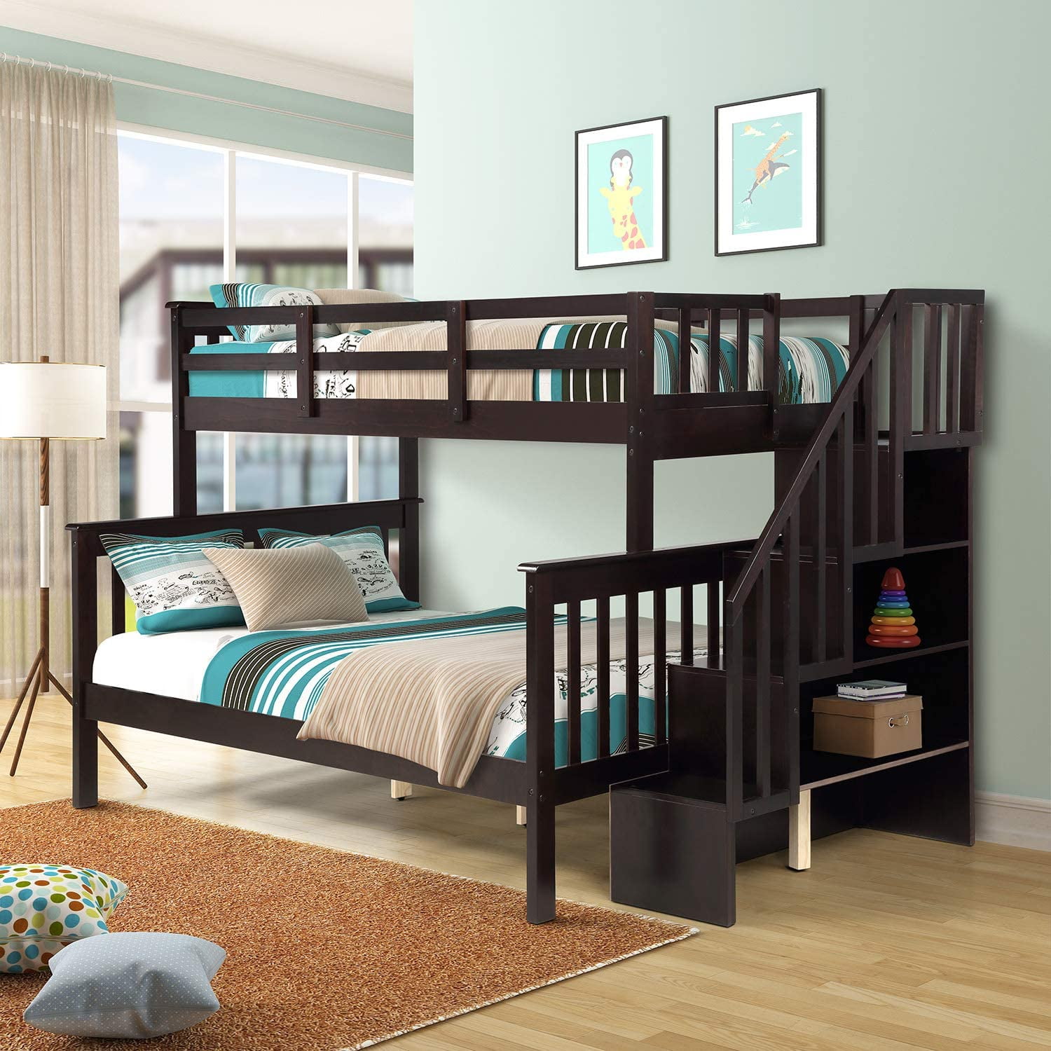 P PURLOVE Stackable TwinOverFull Bunk Bed with Stairway Wood Storage