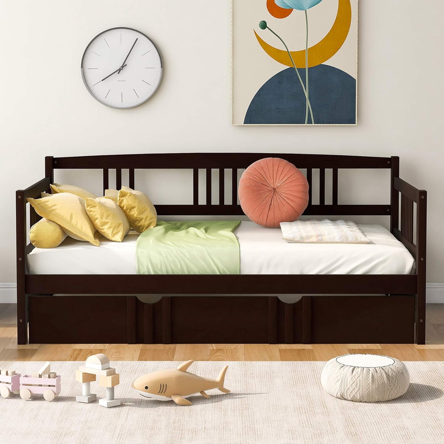 P PURLOVE Twin Trundle Daybed With Headboard - Wood Platform Bed Frame, Pull-Out Trundle, Gray Finish