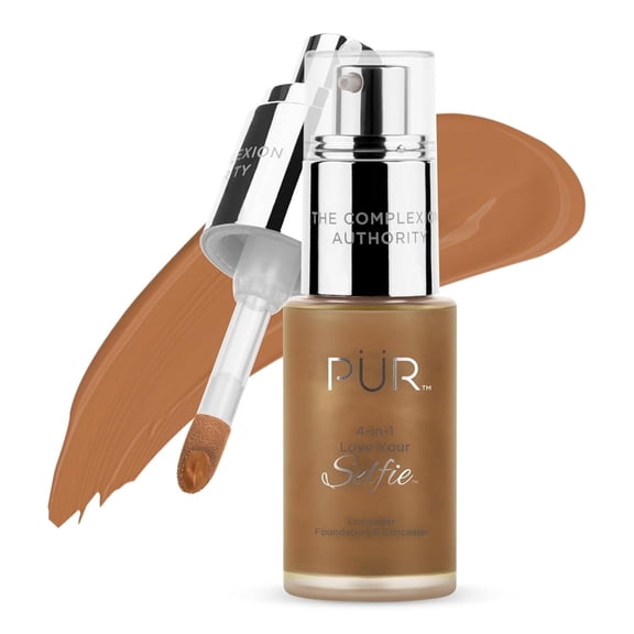 PÜR MINERALS 4-in-1 Love Your Selfie Longwear Foundation & Concealer Full Coverage, Hydrating Formula, Cruelty Free, 1.7 F. Oz.,Cocoa/DG7