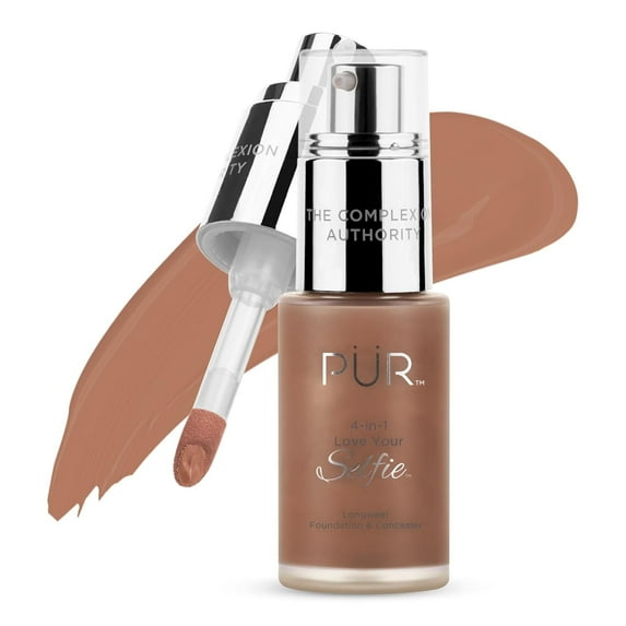 PÜR MINERALS 4-in-1 Love Your Selfie Longwear Foundation & Concealer Full Coverage, Hydrating Formula, Cruelty Free, 1.7 F. Oz.,Dark Almond/DP6