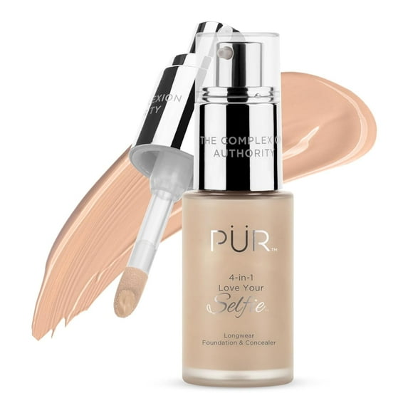 PÜR MINERALS 4-in-1 Love Your Selfie Longwear Foundation & Concealer Full Coverage, Hydrating Formula, Cruelty Free, 1.7 F. Oz.,Almond/MG5