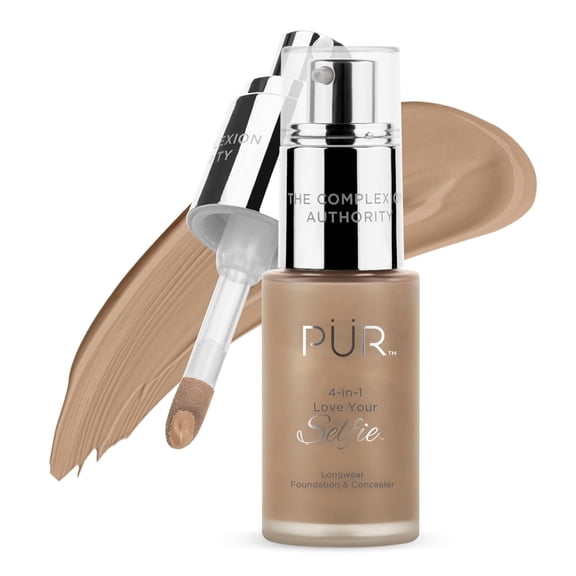 PÜR MINERALS 4-in-1 Love Your Selfie Longwear Foundation & Concealer Full Coverage Liquid Foundation, Hydrating Formula, Cruelty Free,TN7