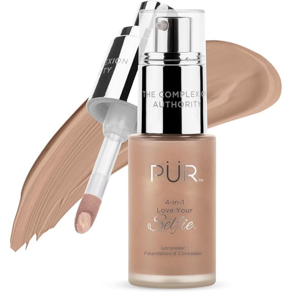 PÜR MINERALS 4-in-1 Love Your Selfie Longwear Foundation & Concealer Full Coverage Liquid Foundation, Hydrating Formula, Cruelty Free,Warm Beige