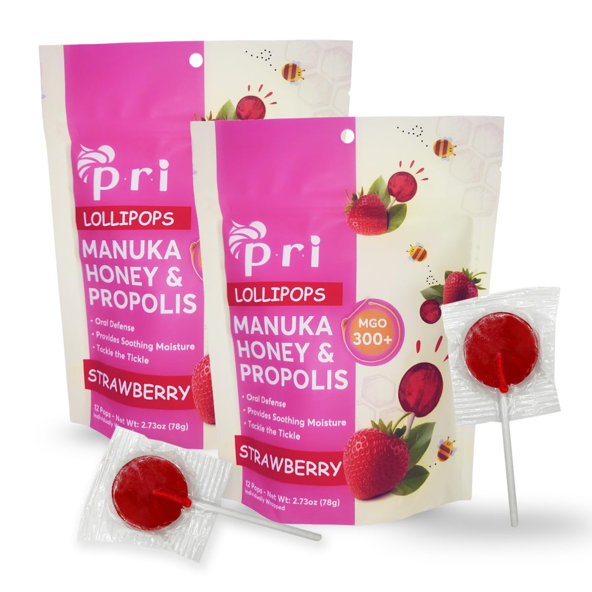 P.R.I Manuka Honey Lollipops AKF18 with Propolis, Certified MGO 300+ - Throat Soothing, Strawberry Flavor, (24 Lollipops, 5.46oz)