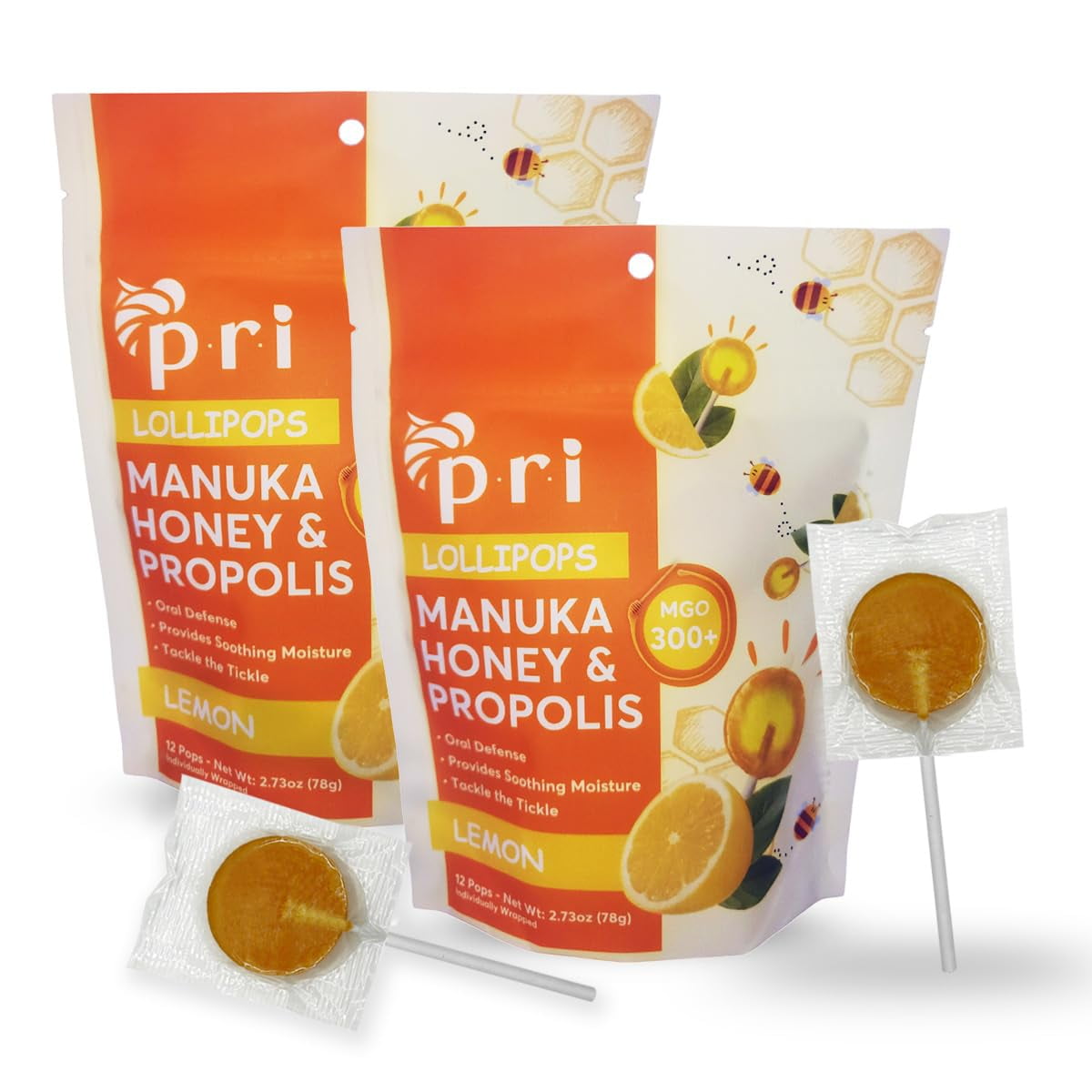 P.R.I Manuka Honey Lollipops CCF19 with Propolis, Certified MGO 300+ - Throat Soothing, Lemon Flavor, (24 Lollipops, 5.46oz)