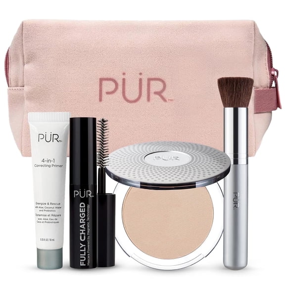 PÜR MINERALS Multitasking Essentials Kit - Makeup Gift Set Includes 4-in-1 Correcting Primer, Fully Charged Mascara, 4-in-1 Pressed Mineral Powder & 1 Chisel Brush