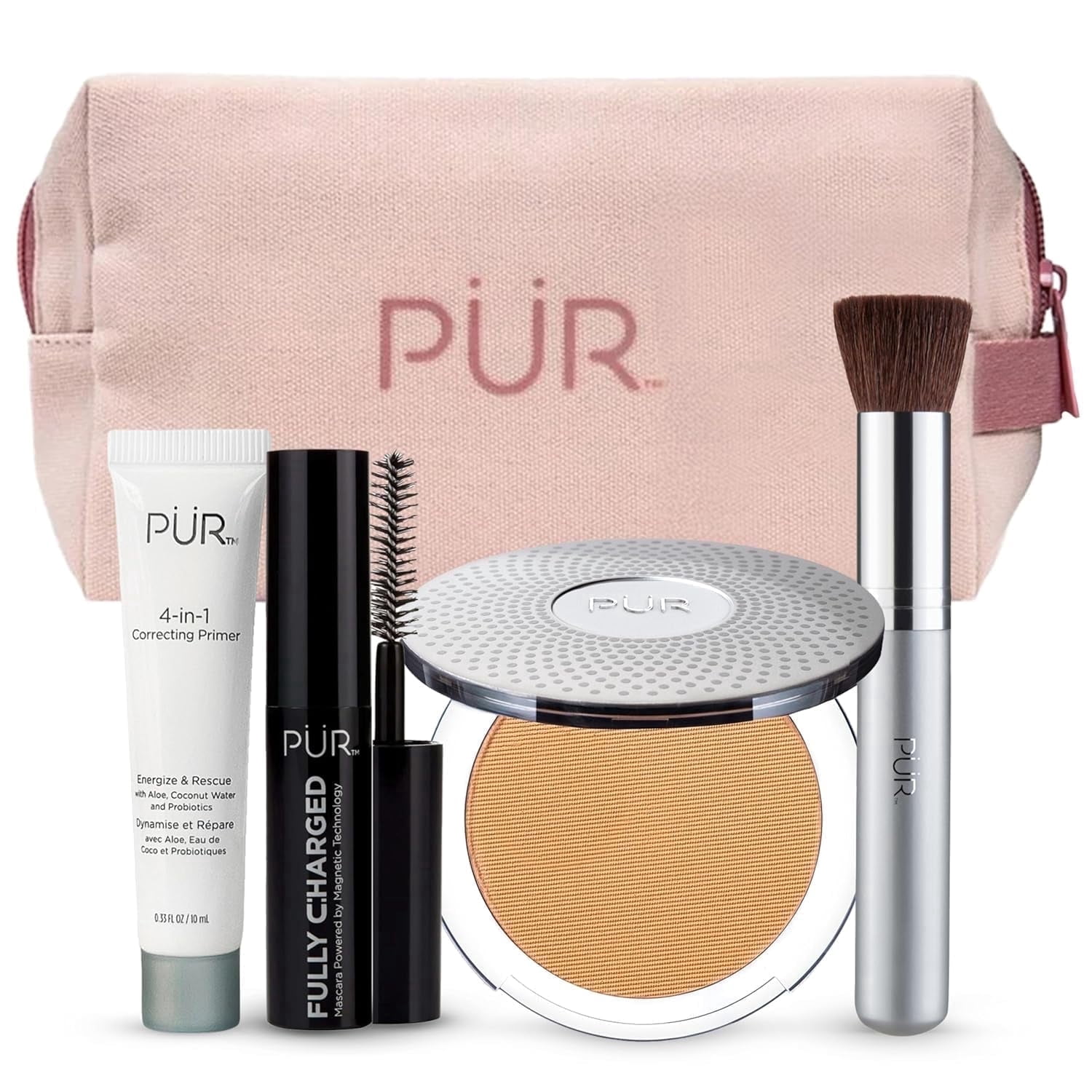 PÜR MINERALS Multitasking Essentials Kit - Makeup Gift Set Includes 4-in-1 Correcting Primer, Fully Charged Mascara, 4-in-1 Pressed Mineral Powder & 1 Chisel Brush