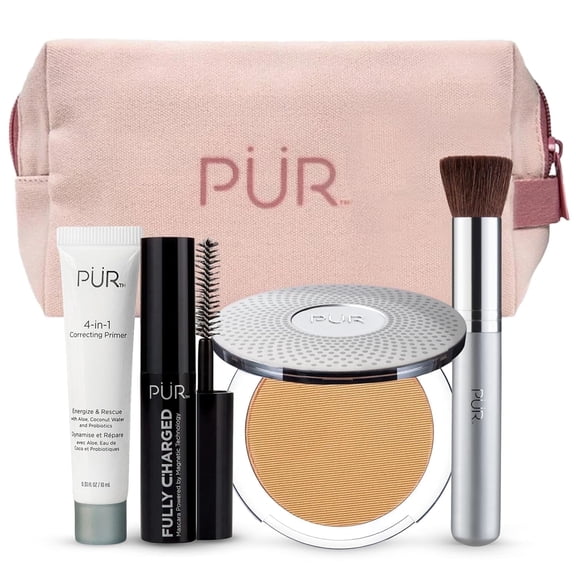 PÜR MINERALS Multitasking Essentials Kit - Makeup Gift Set Includes 4-in-1 Correcting Primer, Fully Charged Mascara, 4-in-1 Pressed Mineral Powder & 1 Chisel Brush