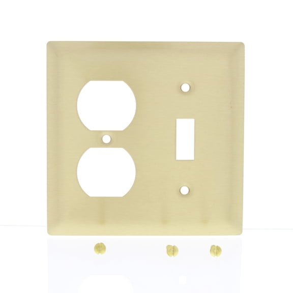 Pass & Seymour Legrand SB18 2-Gang Combination Toggle Light Switch Cover & Duplex Receptacle Outlet Wall Plate, Standard Size, Brushed Finish, Solid Brass
