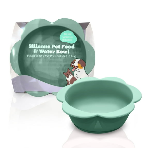 P.T. Supply Co. Green Flower Shaped Silicone Pet Bowl, with Non-Slip Suction Base, Durable Feeding Dish for Dogs & Cats