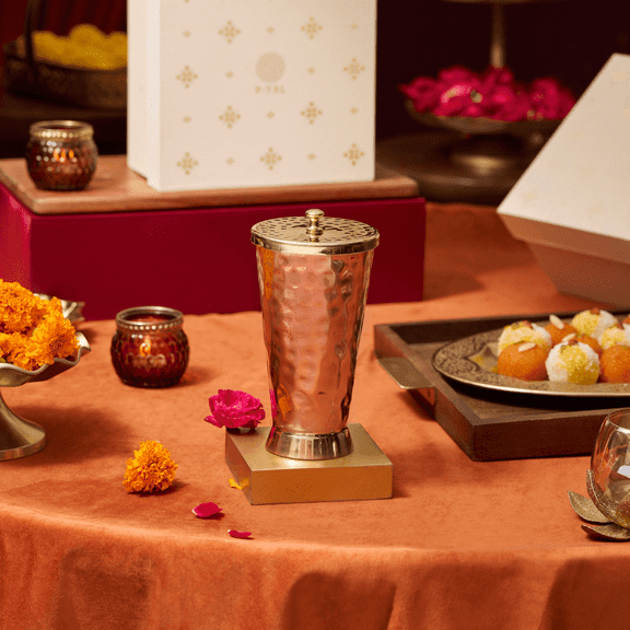 PTAL Copper Tumbler with Brass Lid in Gift Box 19.57 oz Hammered Rose Gold Finish | Pure Handcrafted Copper Drinking Glass | Ayurvedic Water Cup