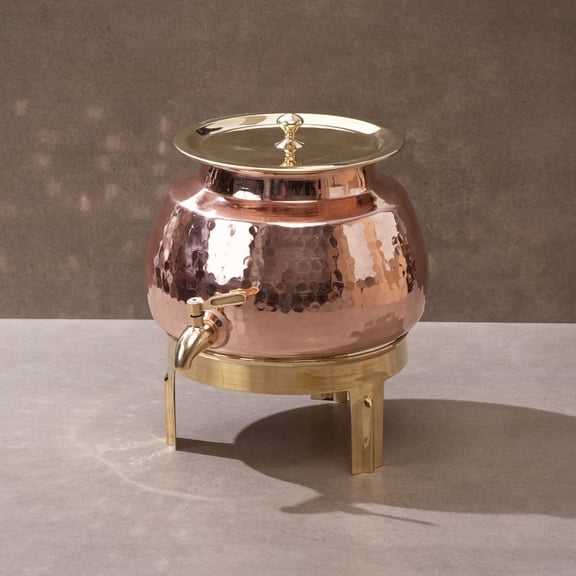 P-TAL Copper Water Dispenser 1.2 Gallons | 100% Pure Copper Pot Heavy Gauge and Hammered with Prefitted Leakproof Brass Spigot, Lid and Stand