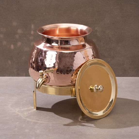 P-TAL Copper Water Dispenser 2.65 Gallons | 100% Pure Copper Pot Heavy Gauge and Hammered with Prefitted Leakproof Brass Spigot, Lid and Stand