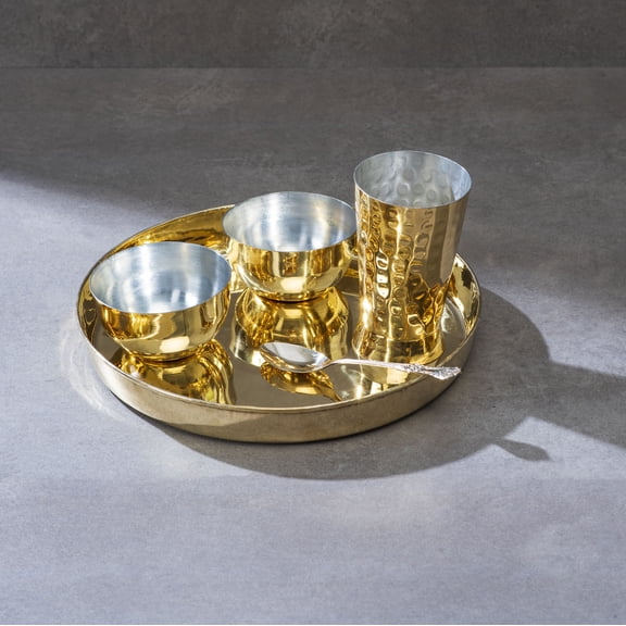 PTAL Pure Brass Dinner Set (5 Pieces) 10.75 Thaali with 2 Bowls, Glass & Spoon | Handcrafted Traditional Dining Set