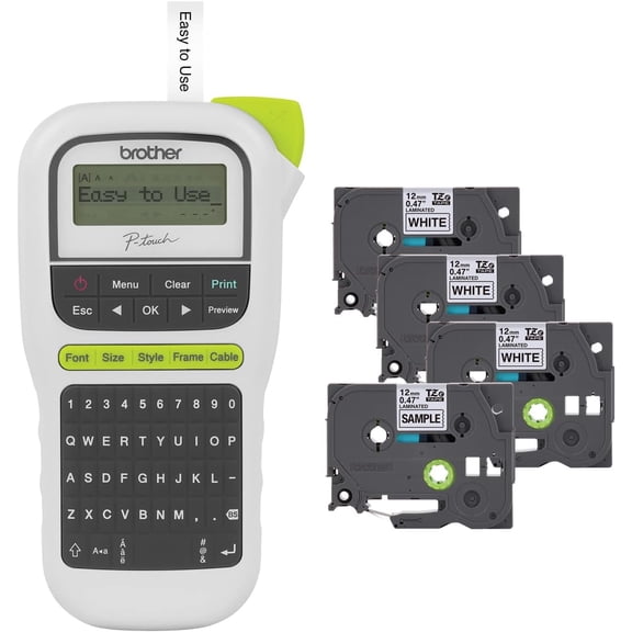 P-Touch, PTH110BP, Easy Portable Label Maker Bundle (4 Tapes Included), White, Small