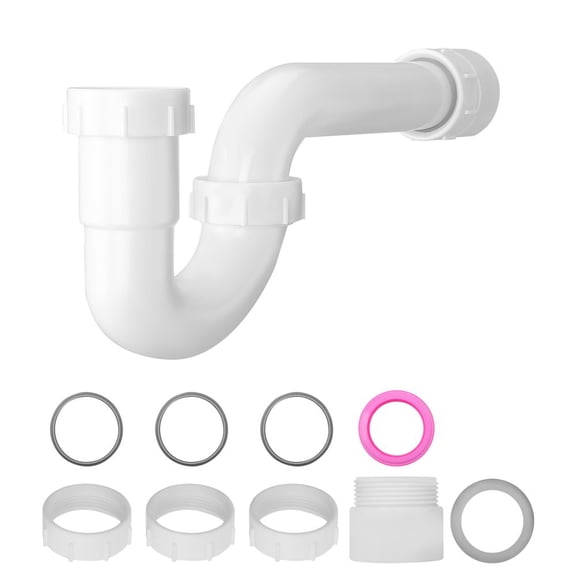 P-Trap, 1-1/2 Inch P Trap Sink Drain Pipe Kit with Threaded Adapter and TPU Leak-Resistant Washers, PP Plastic Pipe Basin Waste Kit, Under Sink Plumbing for Kitchen Bathroom Sewer Drain, White