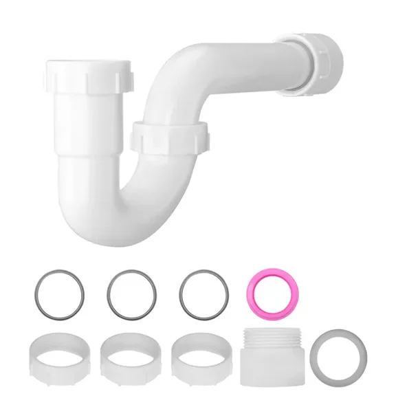 P-Trap, 1-1/2 Inch P Trap Sink Drain Pipe Kit with Threaded Adapter and TPU Leak-Resistant Washers, PP Plastic Pipe Basin Waste Kit, Under Sink Plumbing for Kitchen Bathroom Sewer Drain, White