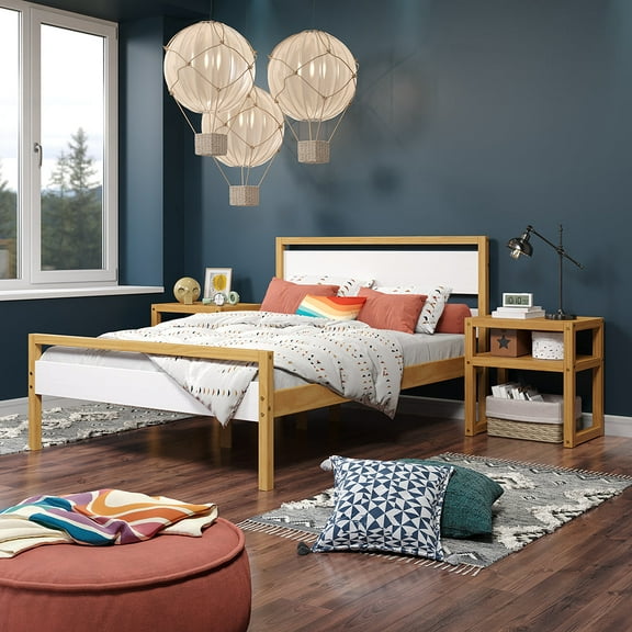 Pkolino Quadra Solid Wood Two-Tone Full Kids' bed frame, white and natural