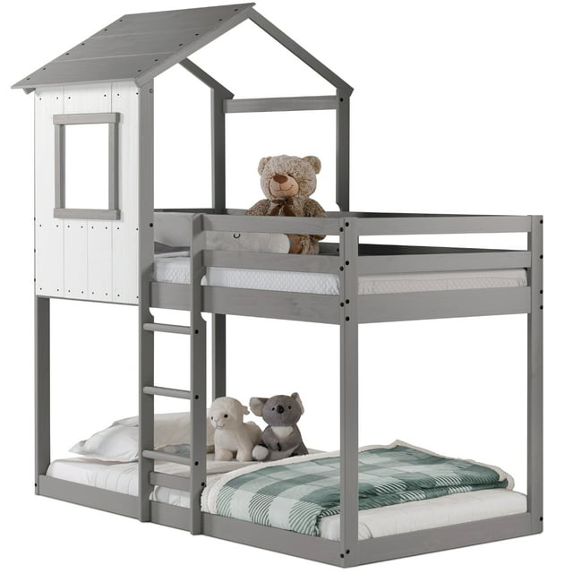P'kolino Twin Over Twin Tree House Low Bunk Bed, Rustic White with