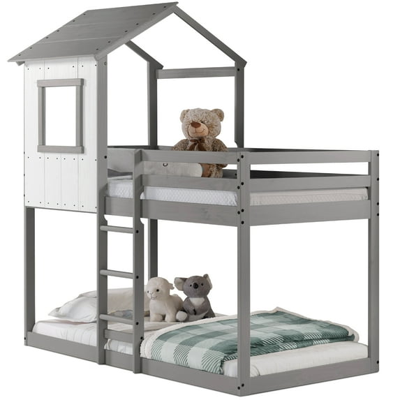 Tree House Bunk Bed - Rustic White with Light Gray Frame