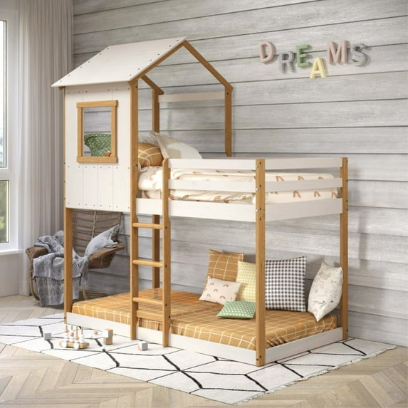 P'kolino Twin over Twin Tree House Low Bunk Bed - White/Natural
