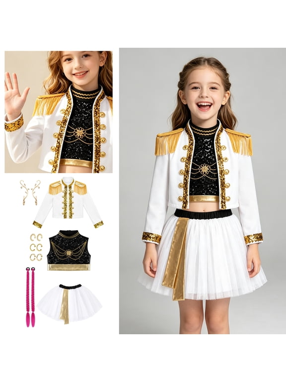 P-op Idol Cosplay Costume Set for G'irls, Pop Singer Stage Costume, K'ids Halloween Dress Up Outfit 13-Piece Set with Jacket, Sequin Crop Top, Skirt, Ponytails & Accessories, Ages 3-12 Years