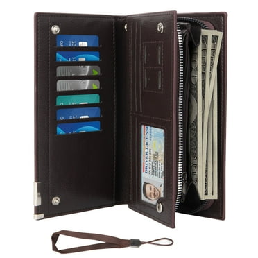 Mens Wallet Genuine Leather, Long Zipper Wallet RFID Blocking Bifold Secure Zip Around Wallets 14 Credit Card Holder Purse with 2 Large Zipper Cash Pocket, Brown