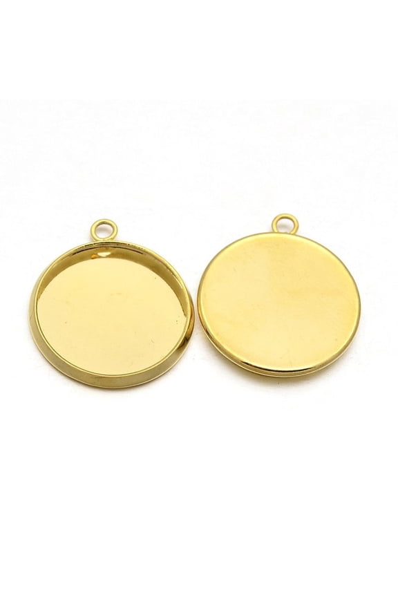 P019 - 5 pcs. 304 Stainless Steel Circle Round Bezel Pendant Tags Trays - Golden - 16mm Glue Pad Setting - Tarnish Resistant!