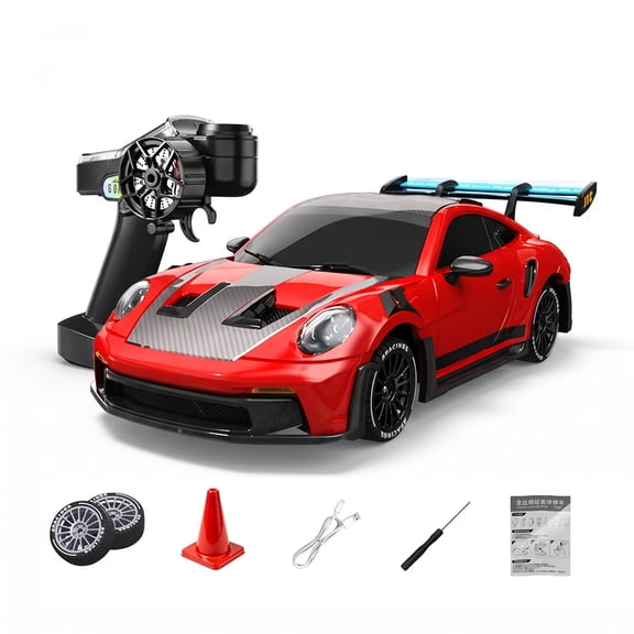P04302 1:43 Scale RC Drift Car, 2.4GHz 4WD Full Proportional Control RC Sports Car with Gyro Stabilization & Multi Lighting System for Adults