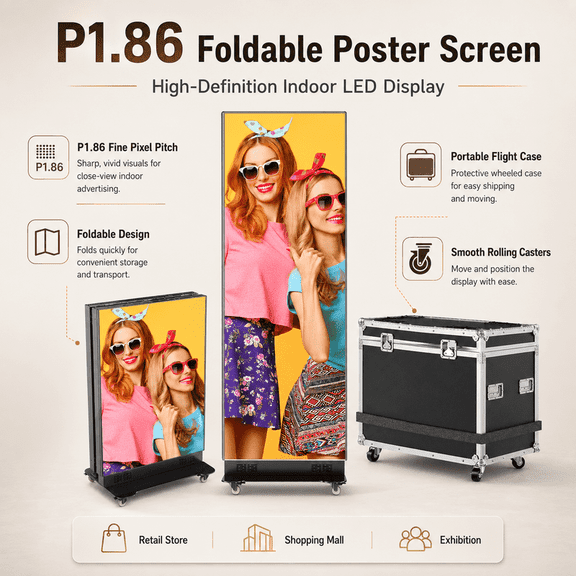 P1.86 Foldable LED Poster Advertising Screen, 3840Hz High Refresh GOB Digital Billboard, App Cloud Remote Control Indoor LED Display with Rolling Flight Case for Mall Retail Wedding Commercial Use