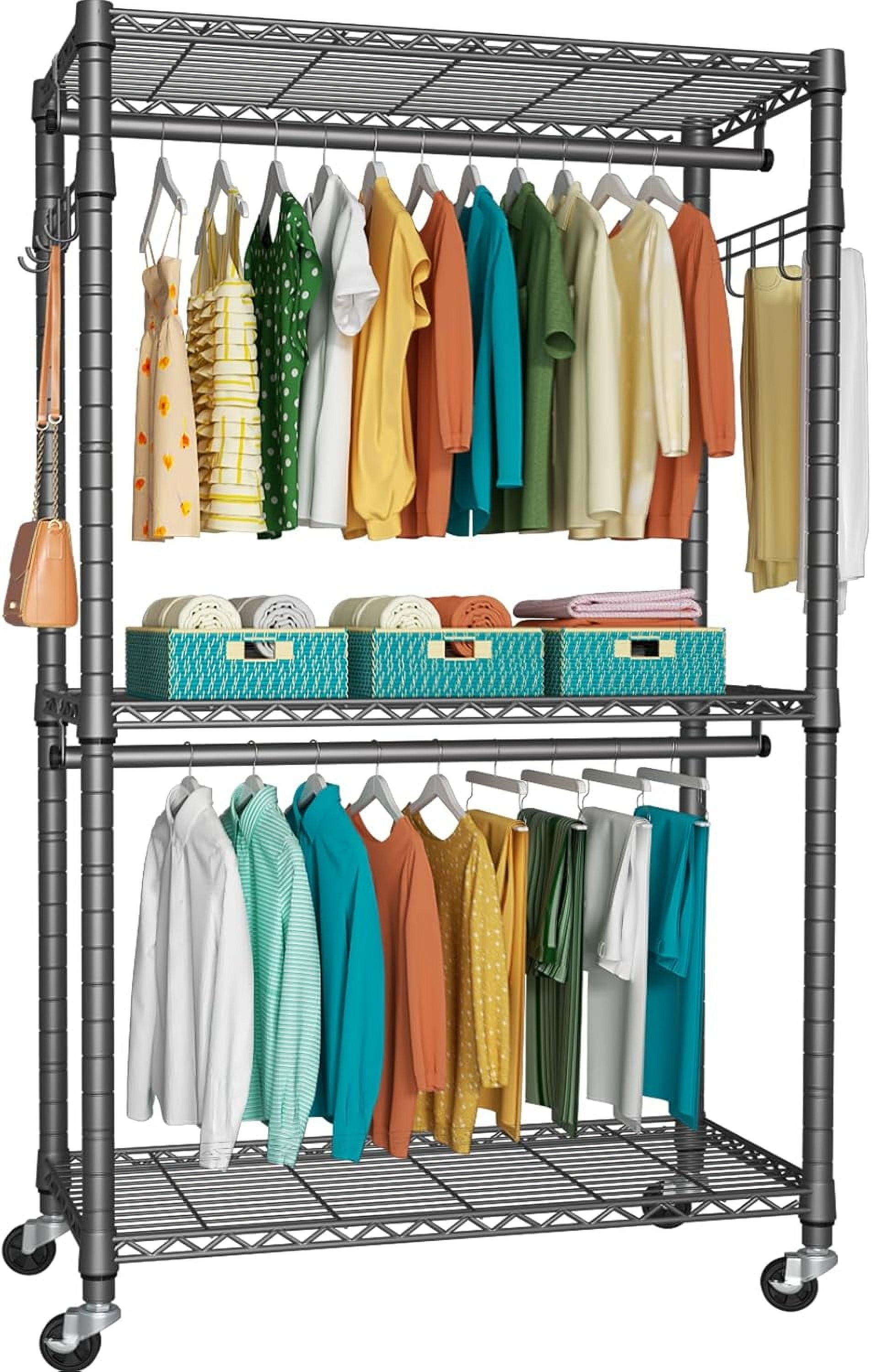P1 Heavy Duty Garment Rack, 3 Tiers Adjustable Rolling Metal Closet ...
