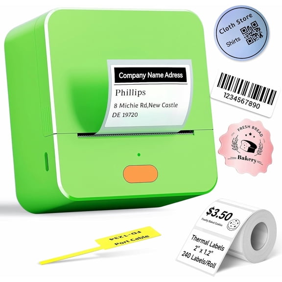 P1 Label Maker Machine with Tape, 2 inch Barcode Label Printer, Portable Address Sticker Maker Printer Inkness Labeler for Small Bussiness,Office,School,