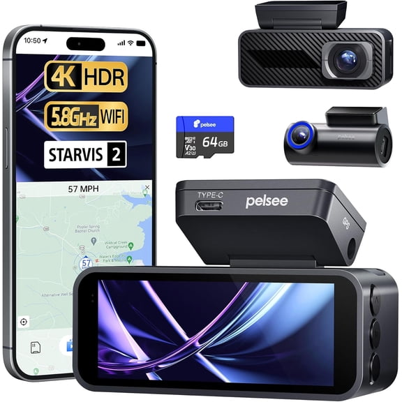 P1 Pro 4K Dash Cam Front and Rear, STARVIS 2 Sensor, 64GB Card, Dual Dash Camera for Cars with Full-Color Night Vision, HDR WDR, ADAS, GPS, WiFi & Voice Control, 24H Parking Mode, 3.39" Screen