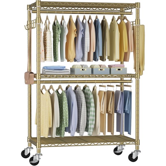 P1 Rolling Clothes Rack, Movable Metal Garment Closet Organizer with Lockable Wheels, Clothing Wardrobe with Double Hanger Rods and Hooks, 35.4" W x 15.7" D x 80.5" H, Load 450lbs, Gold