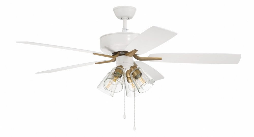 White Satin Brass 52" Ceiling Fan with Clear Glass Light