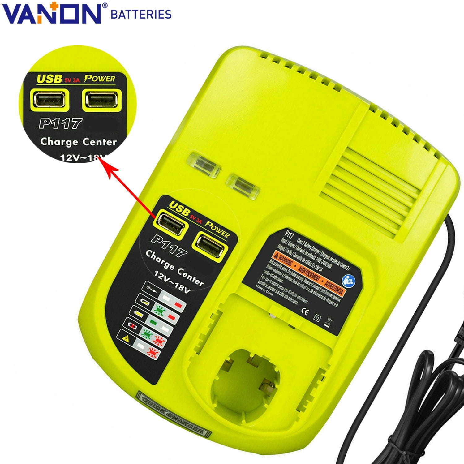 P117 18V One+ Dual Chemistry Fast Battery Charger P118 for Ryobi 12V-18V Lithium & Ni-Cd & Ni-Mh P100 P102 P108 with 2 USB Ports