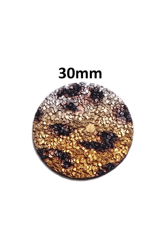 P1191 - 10 pcs. Gold and Black Leopard Glitter Faux Leather Dangle Charms Pendants - Circle - 30mm (1.18") - Double-Sided