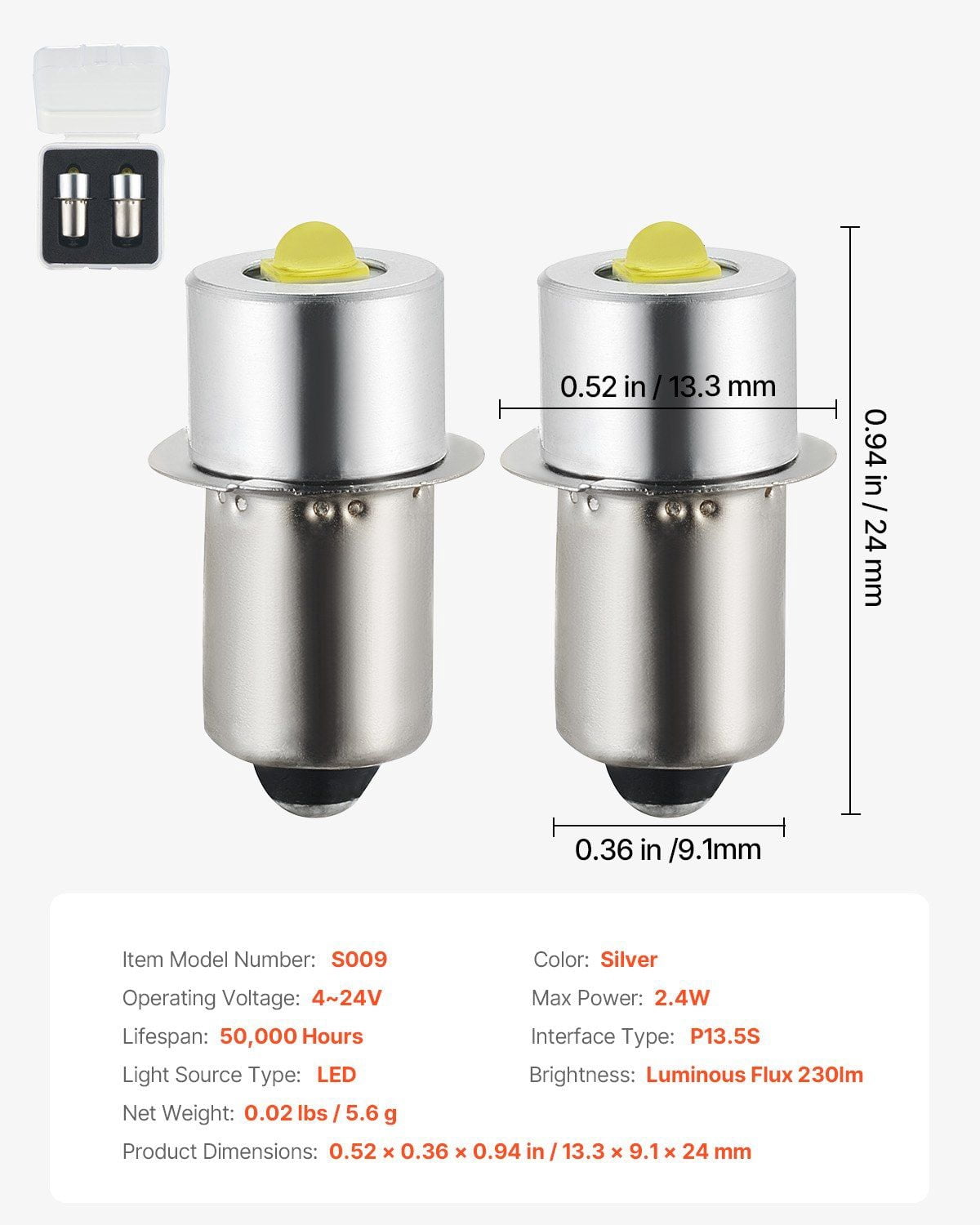 P13.5S LED Flashlight Bulbs, 4-12 Volt Replacement Bulbs for Maglite ...